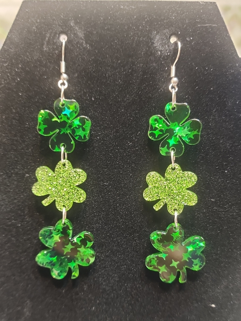 St.Patricks Day minimalist Green Clover acrylic Earrings For Women. The piece